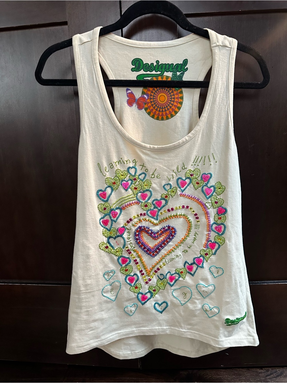 Desigual White Tank Top with Multicolor beaded Heart